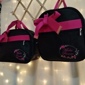 KIT 2PCS BOLSA MATERNIDADE C/ MOCHILA “Minha Princesa” (Preto com Rosa)