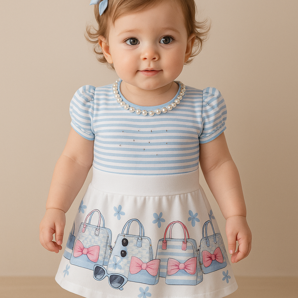 Conjunto Body Pérola Listrado Azul com Saia Branca Estampada Menina Tam 1 (12 a 18 meses) - Image 2