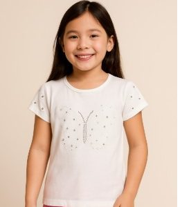 Blusa Menina Branca Borboleta com Aplique em Brilhos Tamanho 10 anos