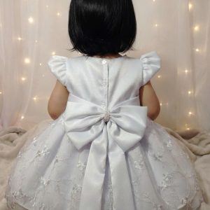 Vestido Festa Menina G (6 a 9 meses) – Branco com Tule Bordado e Pérolas