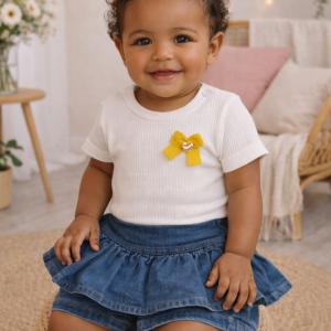 Conjunto Bebê Body Off White Texturizado + Shorts Jeans Saia  8010 TAMANHO  P