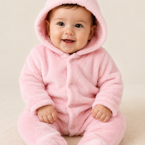 Macacão Plush Bebê com Capuz Cor:Rosa claro;Tamanho:RN( pode sofrer variações de tonalidades)