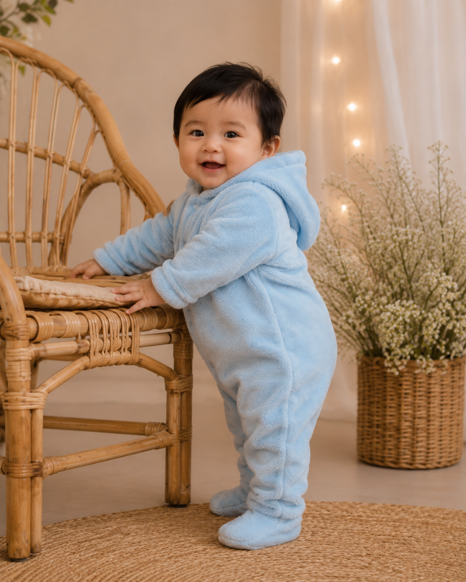 Macacão Plush Bebê com Capuz Cor:Azul Claro;Tamanho:RN