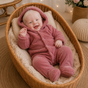 Macacão Plush Bebê com Capuz Cor:Rosa Telha;Tamanho:M ( pode ter diferença de tonalidade)