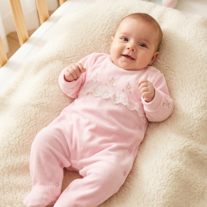 Macacão Longo de Bebê em Plush com Bordado Flores e Renda Tule PP – 7013