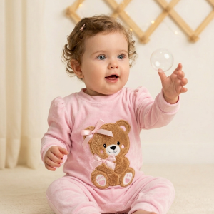Macacão Bebê Plush 023 Ursinha com Laço Rosa Manu Baby – M