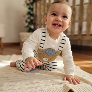 Macacão Bebê Falsa Jardineira Listrado Ursinho Boné Manu Baby Ref. 028 Tam M