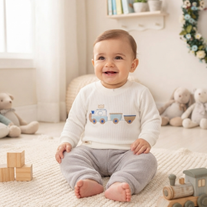 Conjunto bebê Plush Trenzinho Off-White e Cinza Baby Doces Momentos Ref. 6882 Tam P