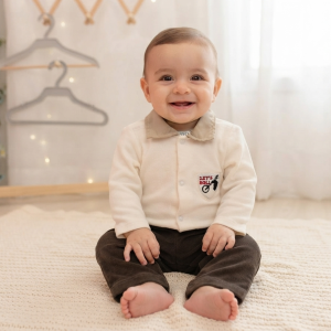 Conjunto bebê Muleka Sapeka (Body Branco + Calça Marrom) Ref. 167 Tam M
