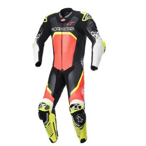 MACACÃO ALPINESTARS GP TECH V4 1 PEÇA – Preto, Vermelho, Branco e Amarelo Flúor