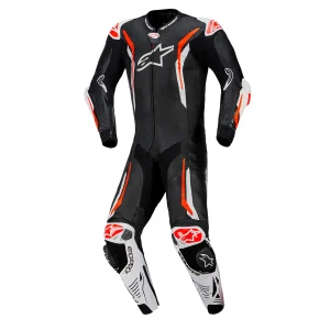 MACACÃO ALPINESTARS GP TECH V5 PRÓ 1 PEÇA – Preto Branco e Vermelho Flúor