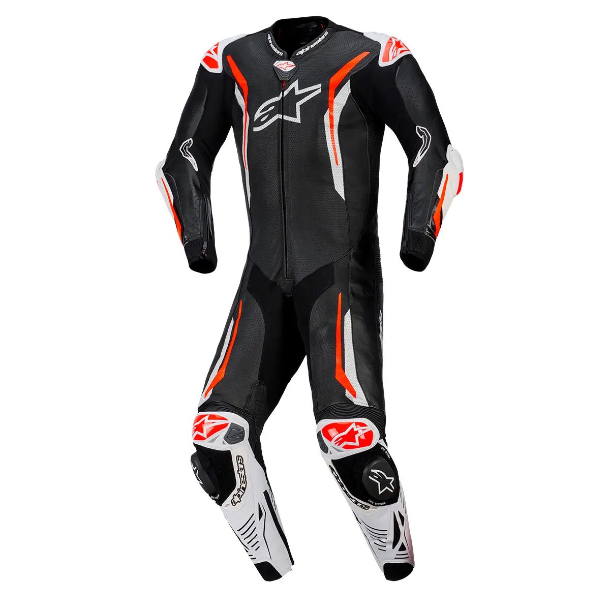 MACACÃO ALPINESTARS GP TECH V5 PRÓ 1 PEÇA – Preto Branco e Vermelho Flúor