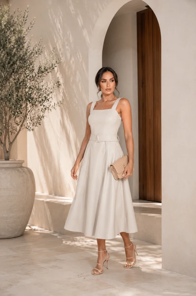 Vestido Mídi PU com Cinto