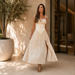 Vestido Midi em Laise com Fenda