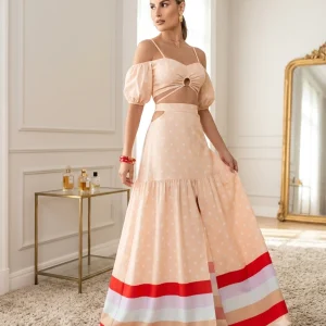 Conjunto Saia Longa com Cropped Ombro Poá