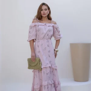 Vestido Longo de Algodão Maquinetado Bordado
