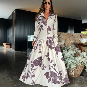 Vestido Longo Floral com Manga