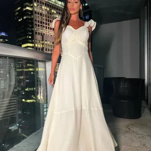Vestido Midi Alongado Linho com Alça Babado