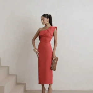 Vestido Midi Reto Ombro Só com Dobra no Busto