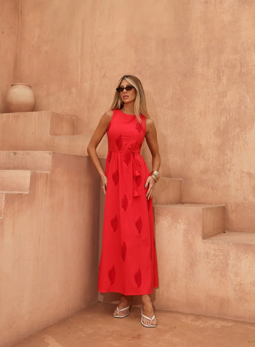 Vestido Longo de Algodão Bordado