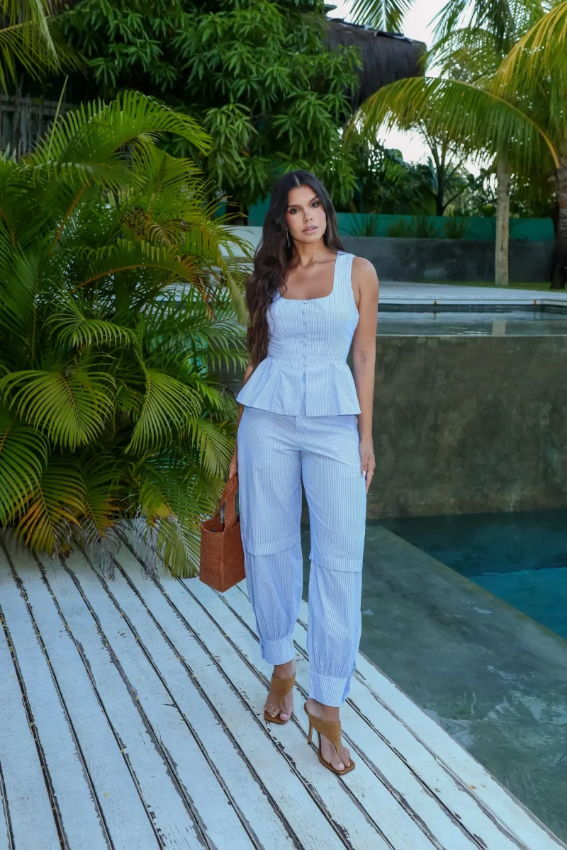 Conjunto Blusa Peplum Botões Listrado - Image 5