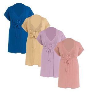 Kit Rendado Camisola Amamentação Com Alça Click E Robe Íntima Delas