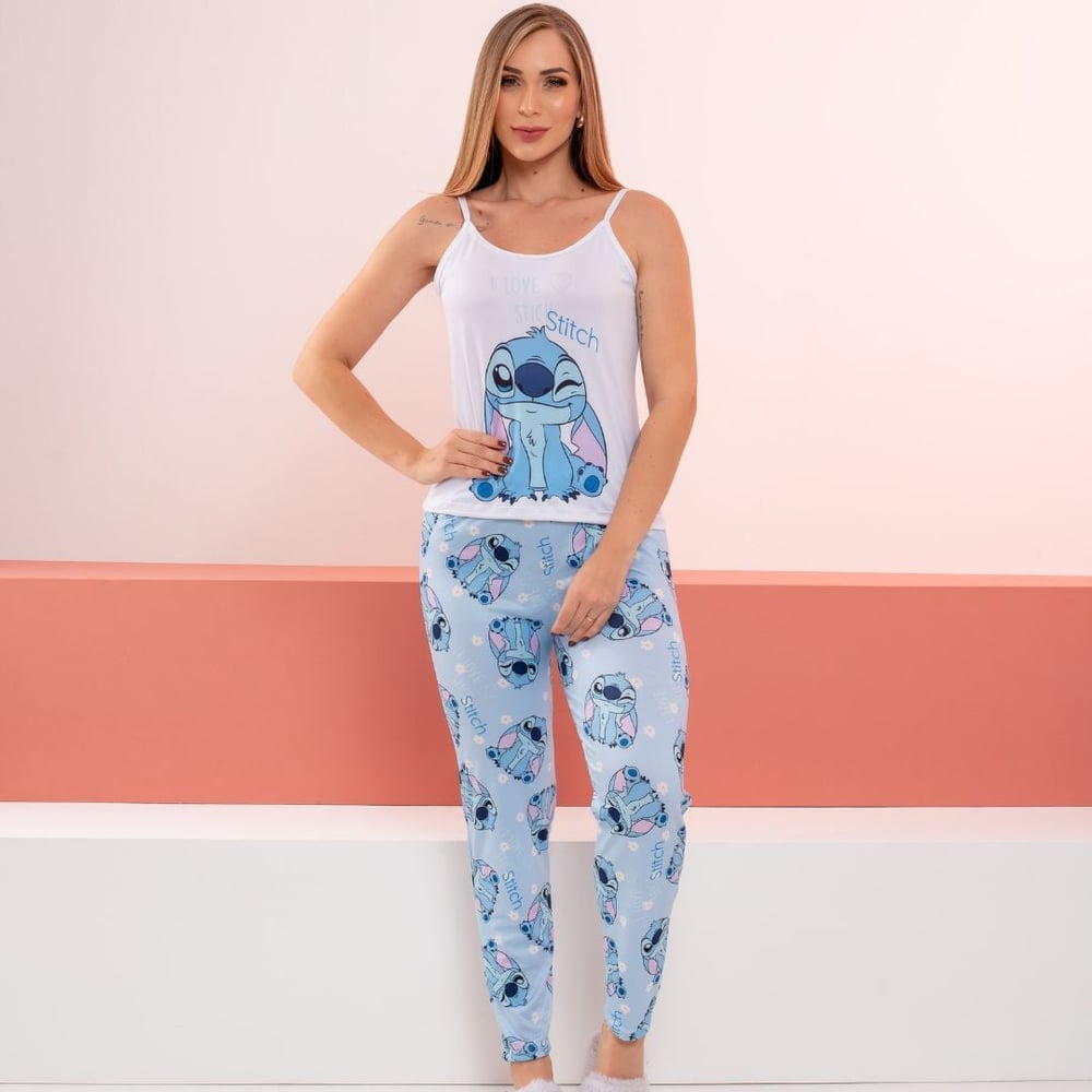 Pijama Feminino Calça E Blusa De Alça Stitch Amável - Image 5